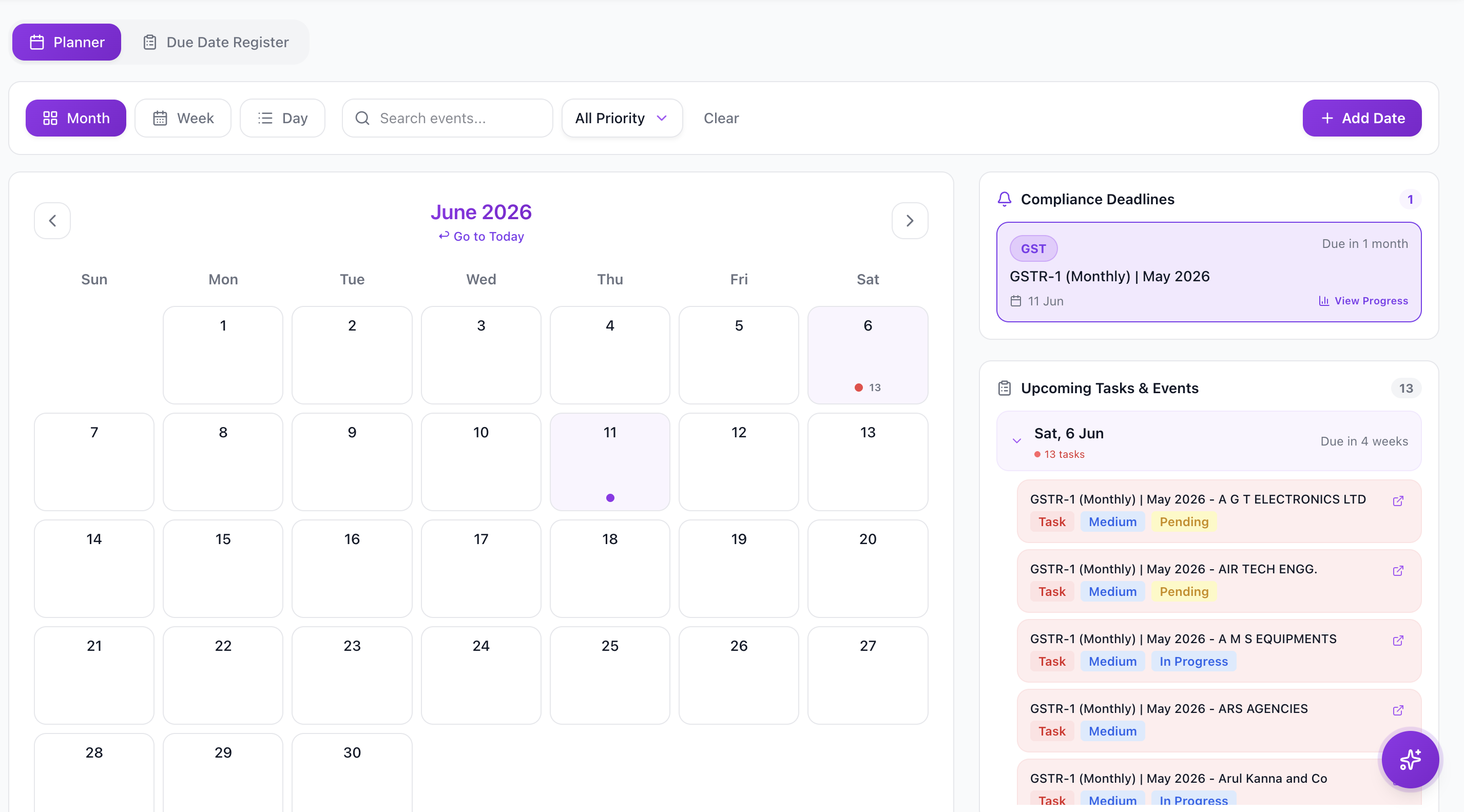 Compliance Calendar screenshot