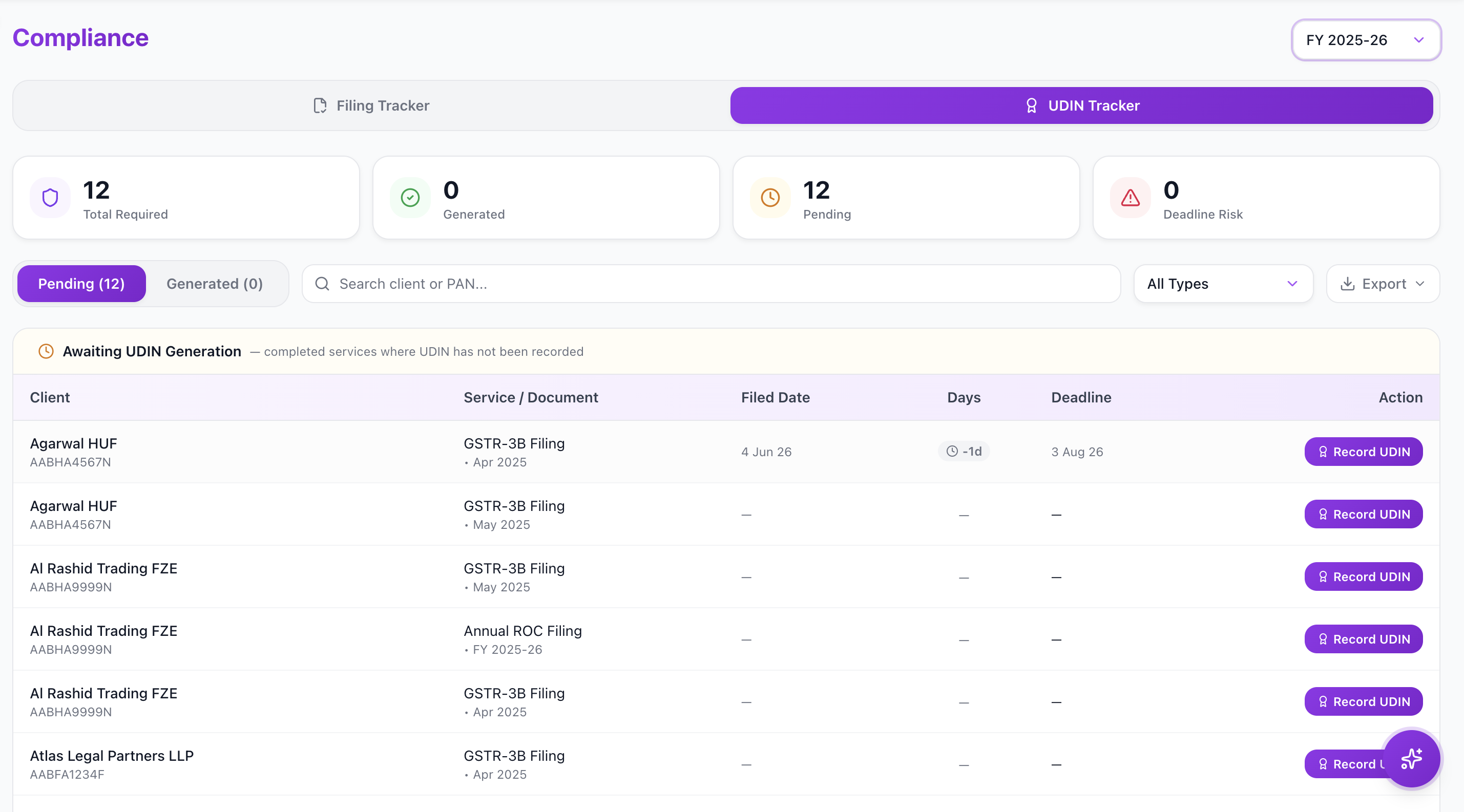 Filing & UDIN Tracker screenshot